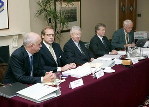 The Arbitration Panel meets in the 2002 Louis Vuitton Cup. The Arb Panel was reconstituted for the Mk1 33rd America’s Cup, and its chairman Prof Henry Peter (SUI) is second from left. © Event Media